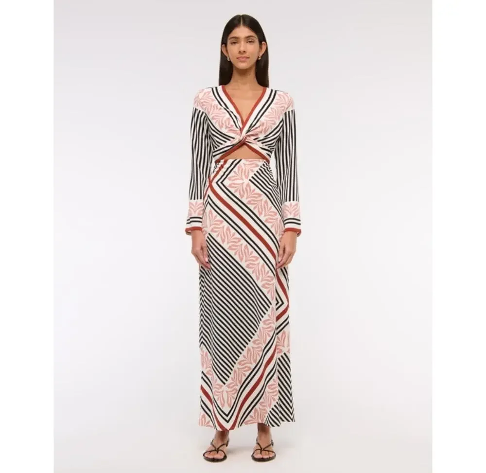 NWT Abercrombie and Fitch Long-Sleeve Twist-Front Maxi Dress Cut Out Sz L Tall